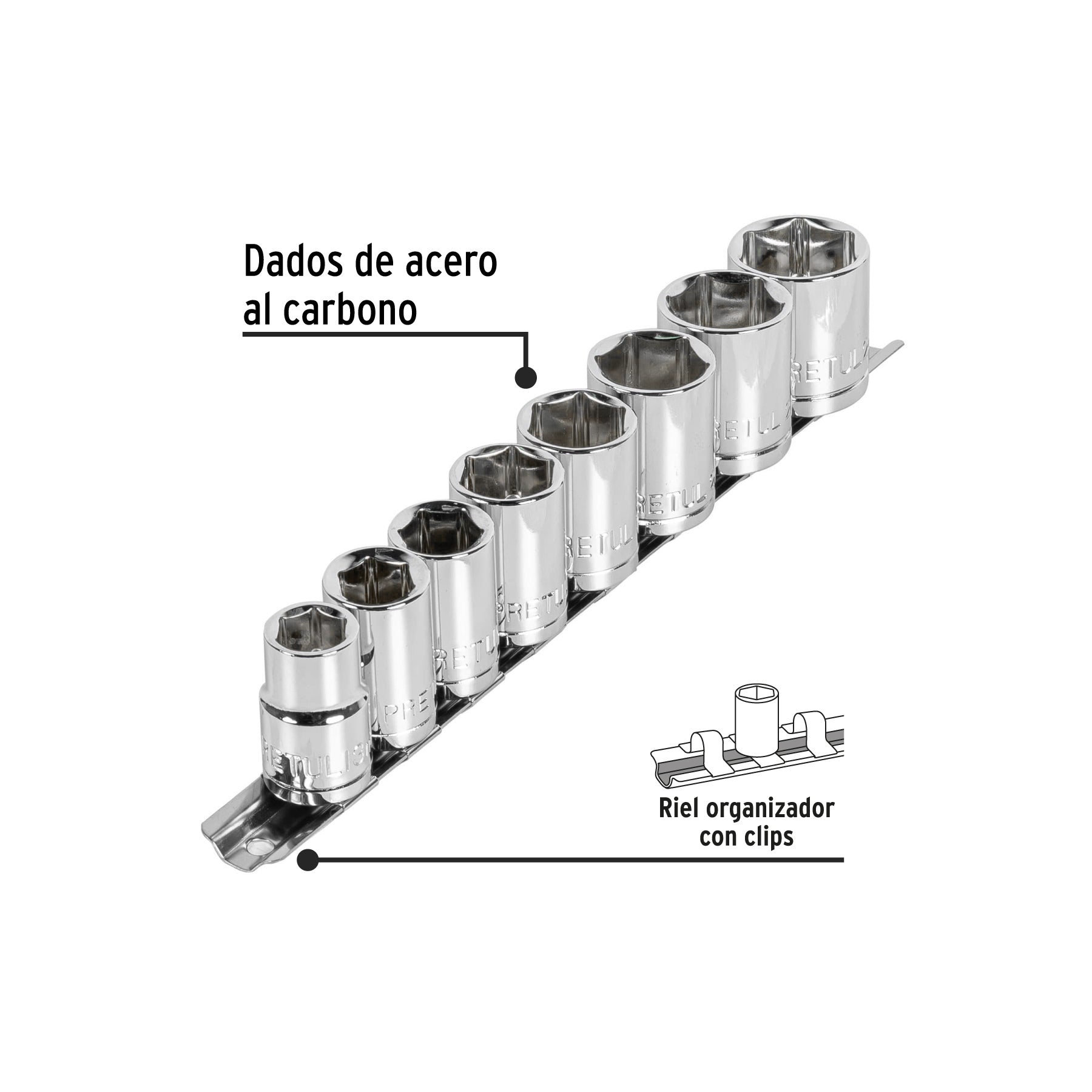 Juego dados, cuadro 1/2", 9 piezas, milimétricos, pretul