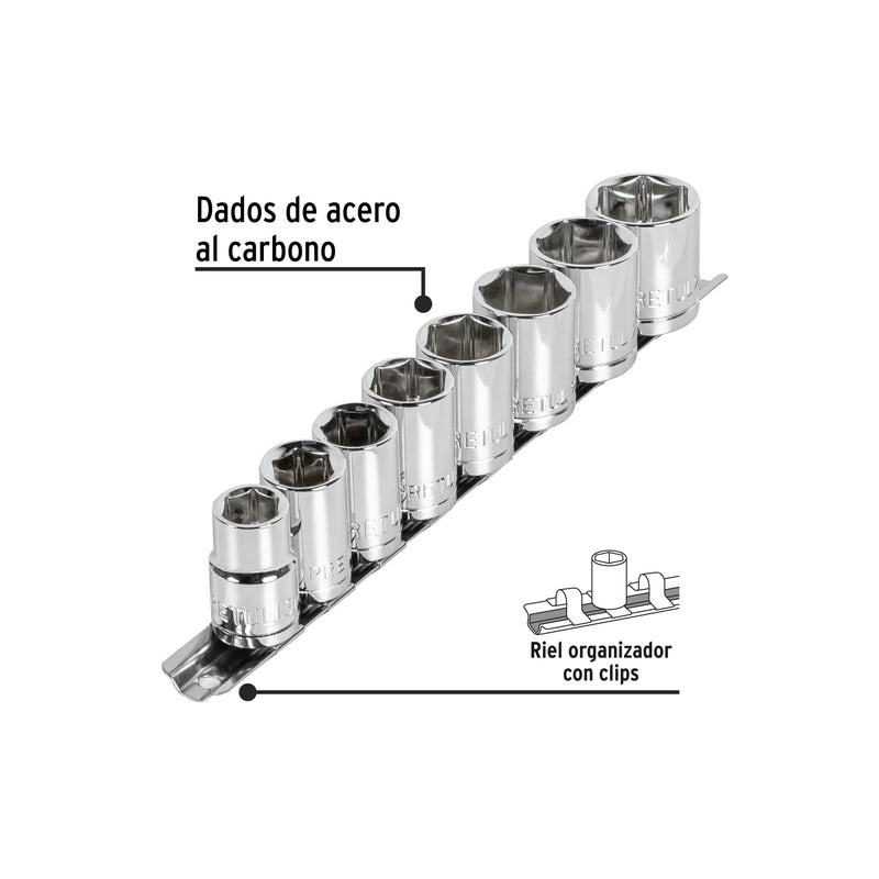 Juego dados, cuadro 1/2", 9 piezas, milimétricos, pretul