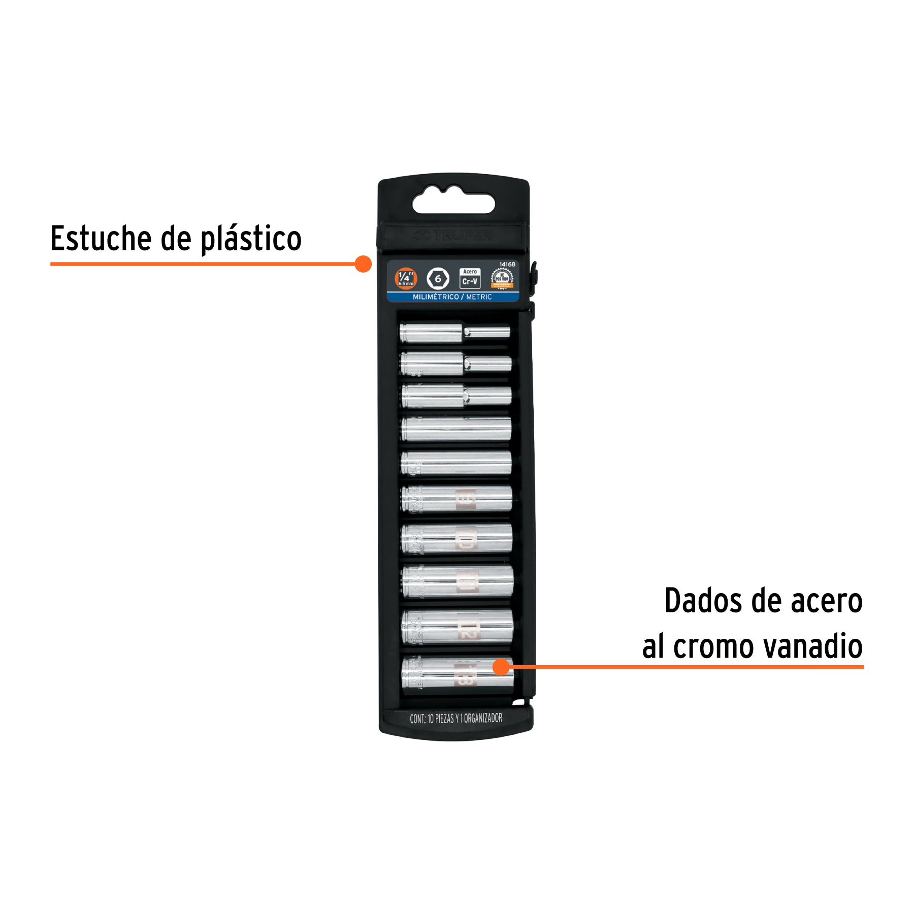Juego de dados largos, cuadro 1/4", 10 piezas, milimétricos