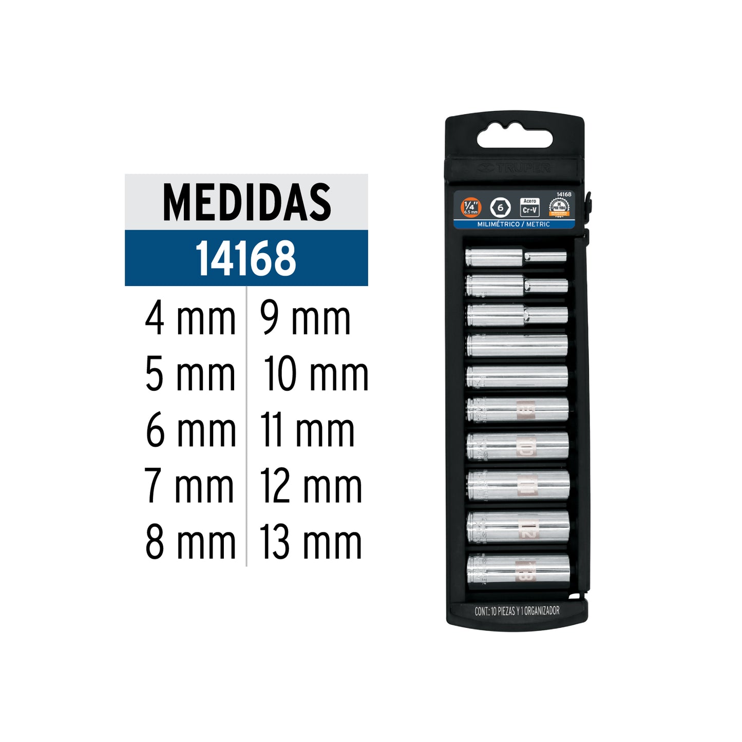 Juego de dados largos, cuadro 1/4", 10 piezas, milimétricos