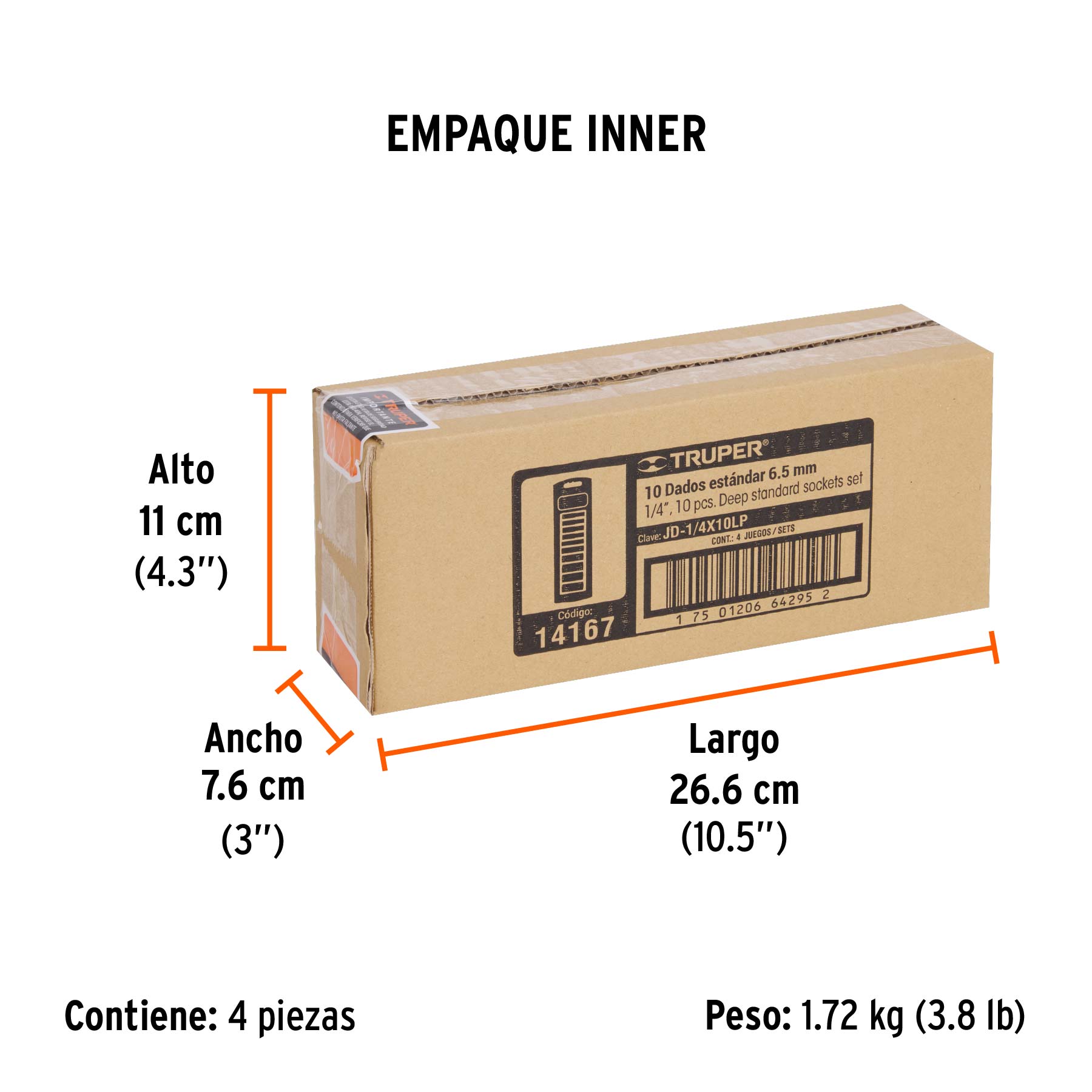 Juego de 10 dados largos, cuadro 1/4", standard