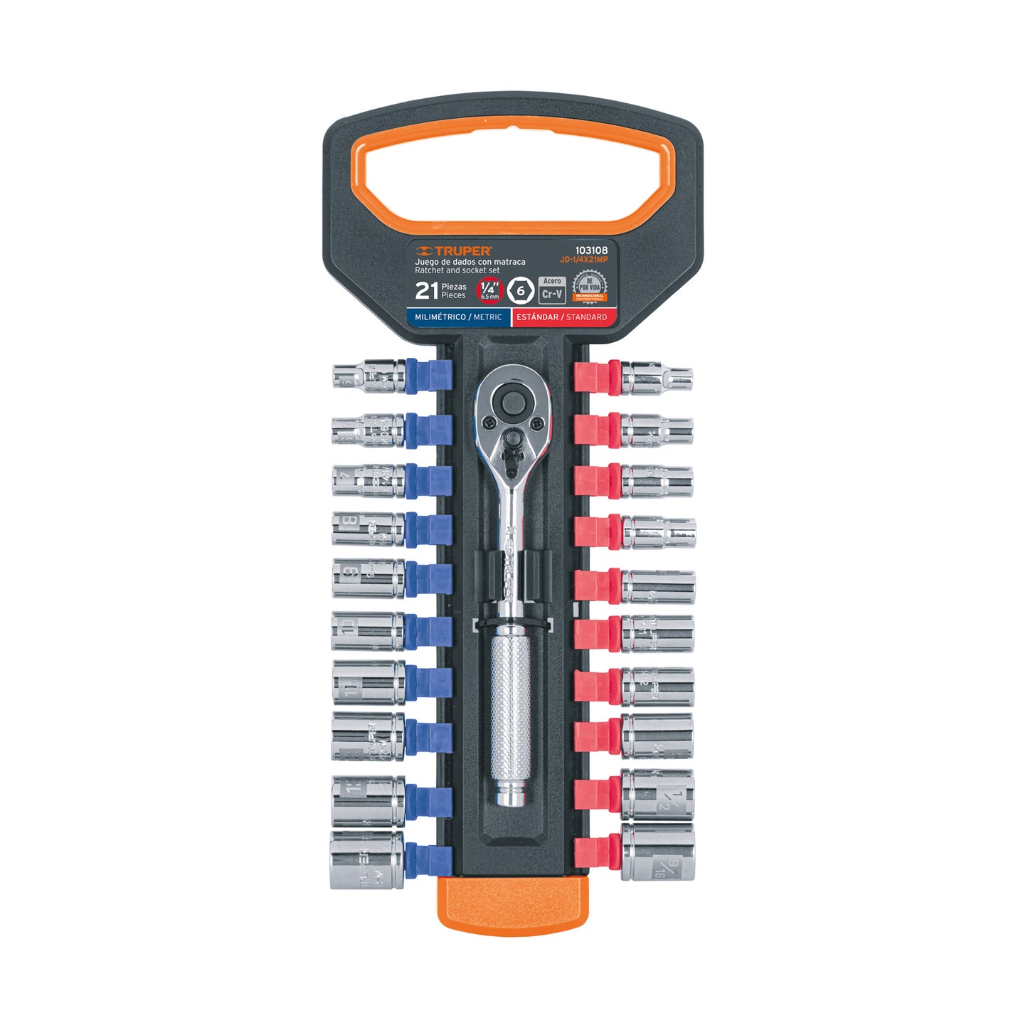 Juego de dados mm y std con matraca, cuadro 1/4', Truper