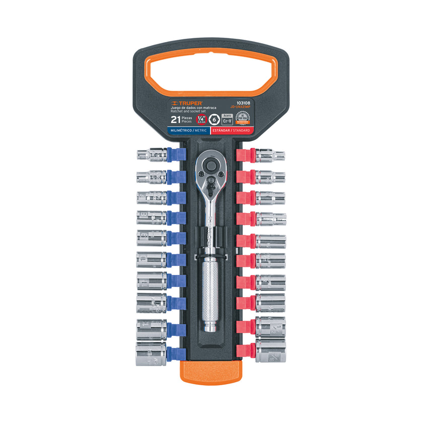 Juego de dados mm y std con matraca, cuadro 1/4', Truper
