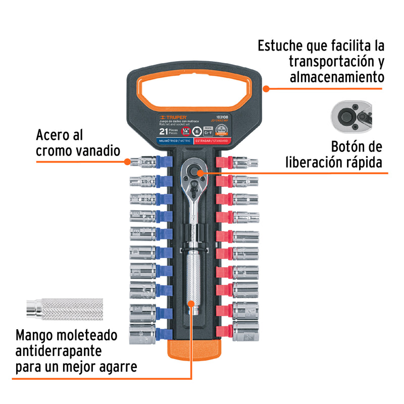 Juego de dados mm y std con matraca, cuadro 1/4', Truper