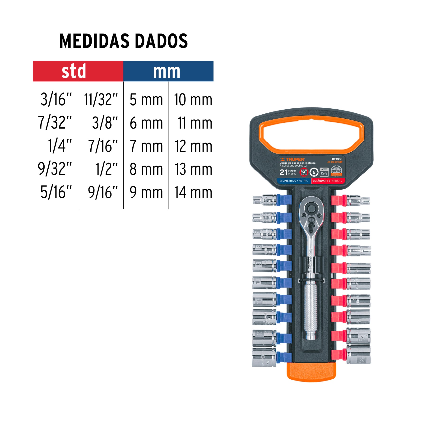 Juego de dados mm y std con matraca, cuadro 1/4', Truper