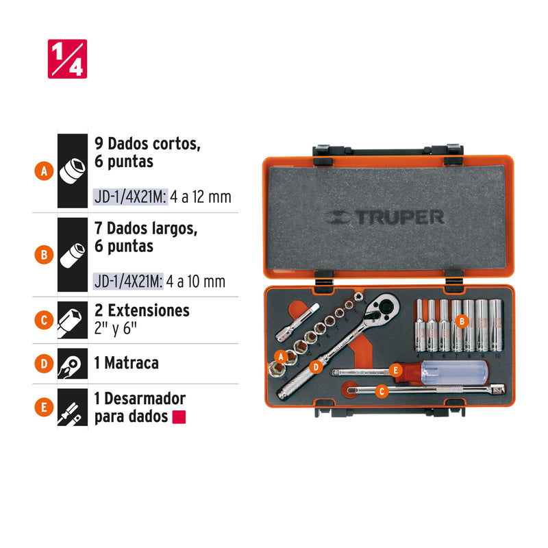 Juego de autoclé, cuadro 1/4", 20 piezas, milimétricos