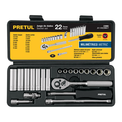 Juego de autoclé, cuadro 1/4", 22 pzas, milimétricos, Pretul