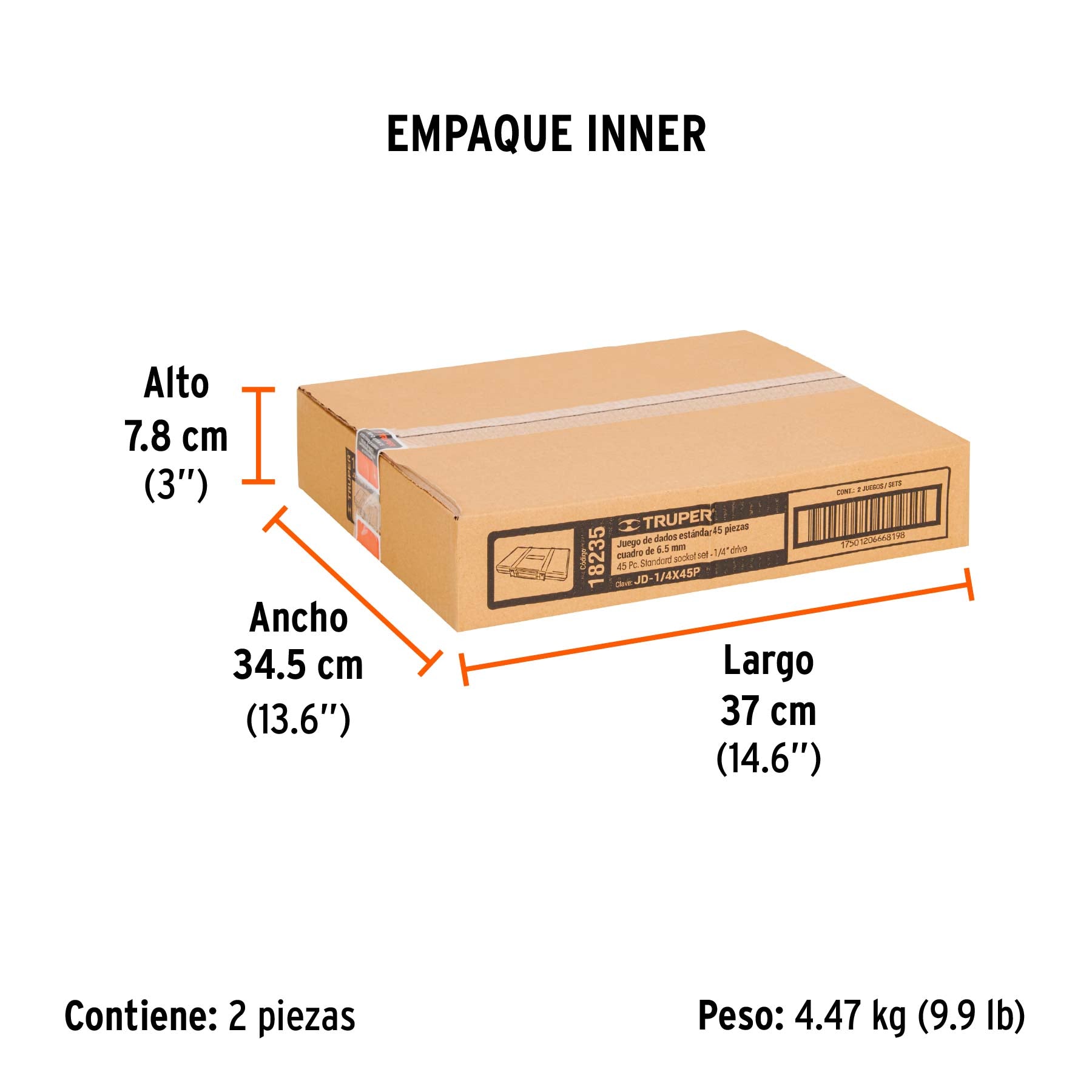 Juego de dados, cuadro 1/4", 45 piezas