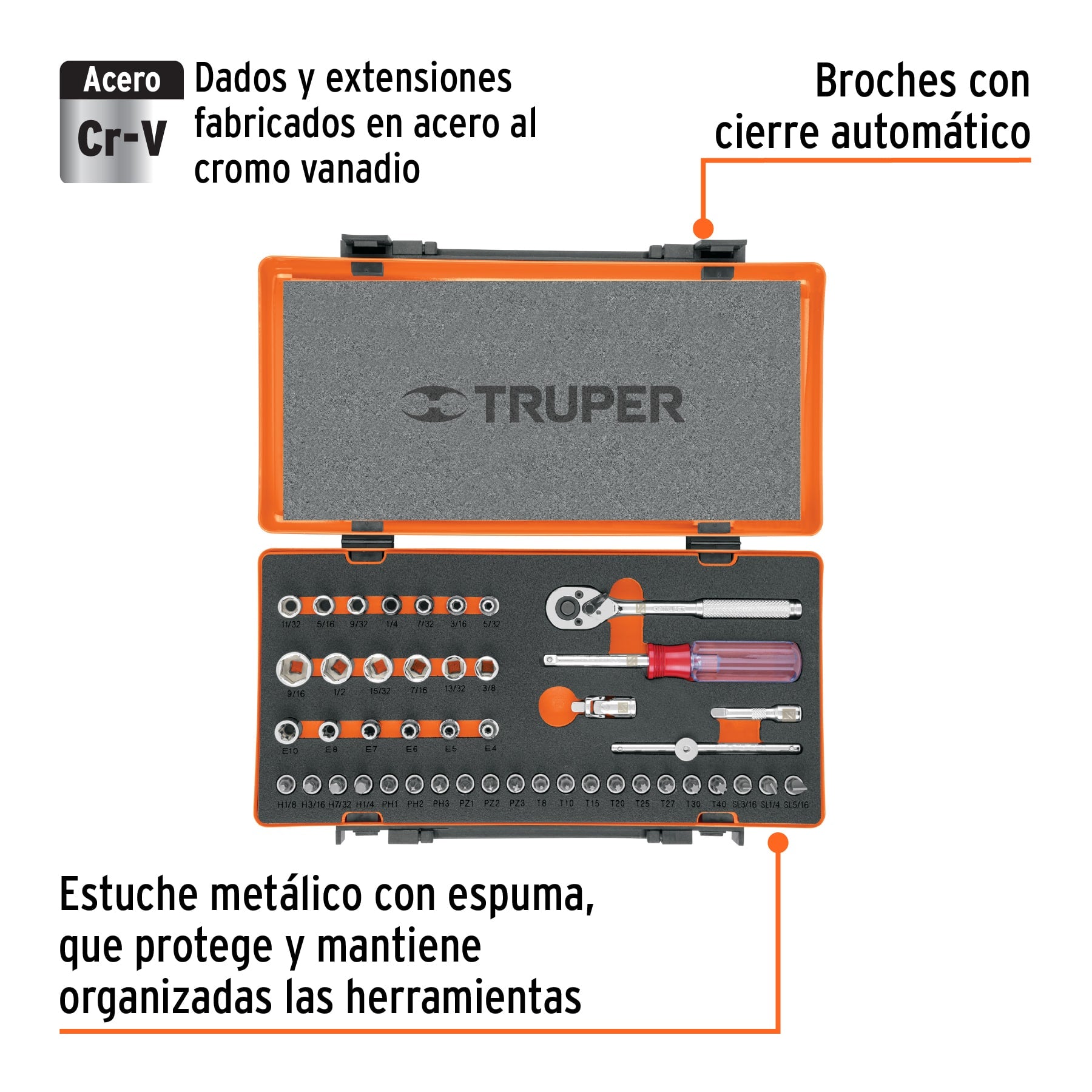 Juego de dados, cuadro 1/4", 45 piezas