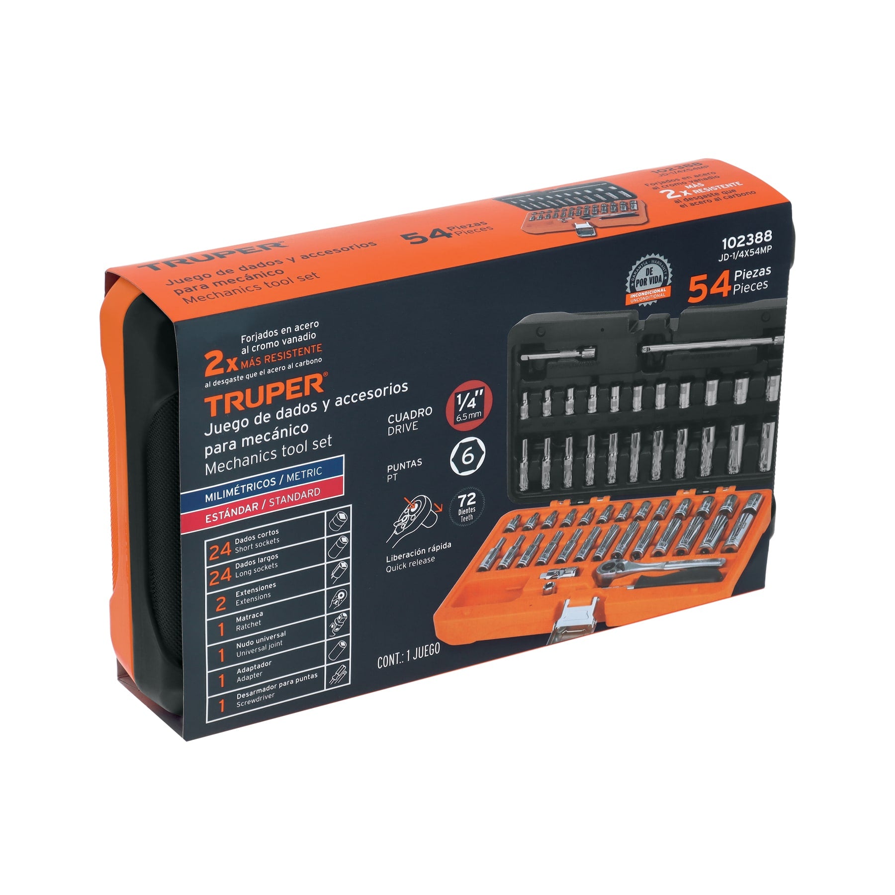 Juego de 54 herramientas cuadro 1/4' std y mm para mecánico