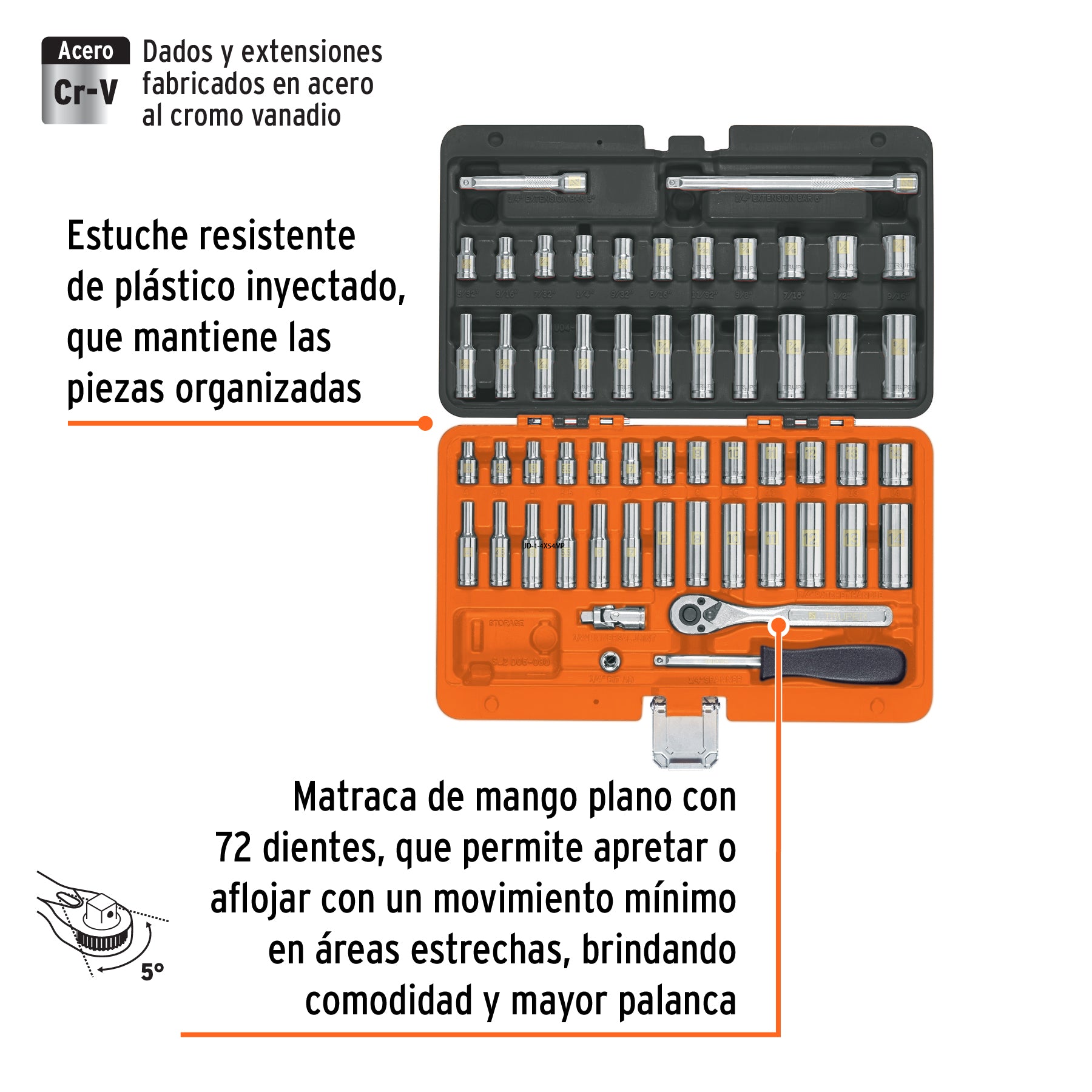 Juego de 54 herramientas cuadro 1/4' std y mm para mecánico
