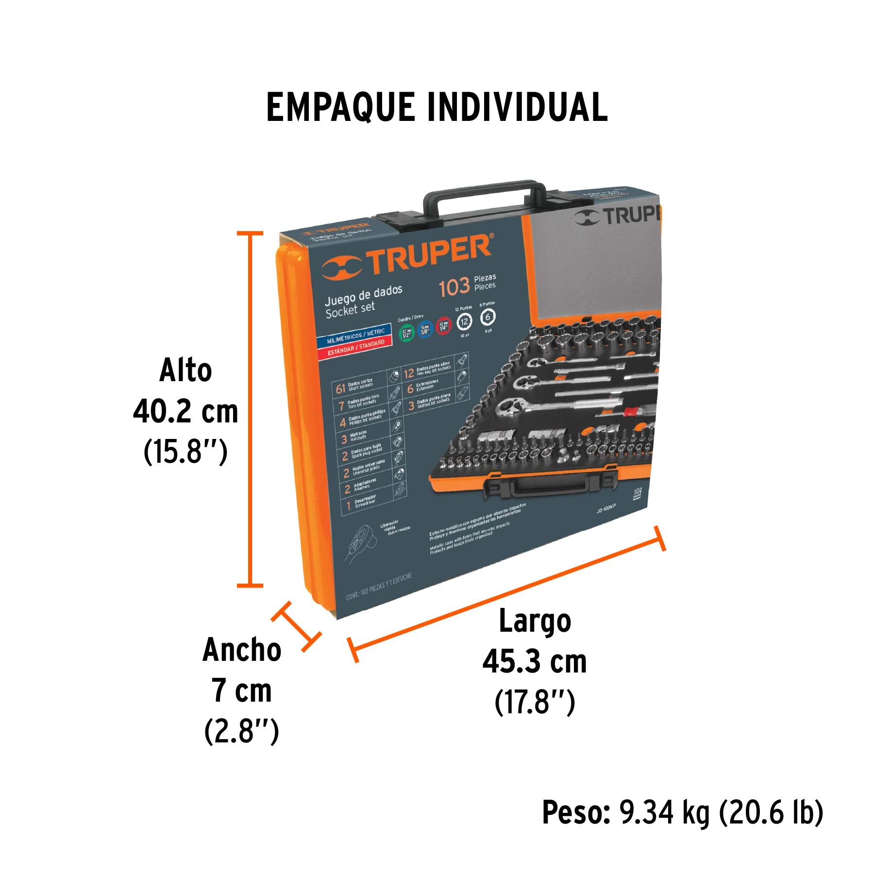 Juego de dados, cuadro 1/4, 3/8 y 1/2", 103 piezas, std y mm
