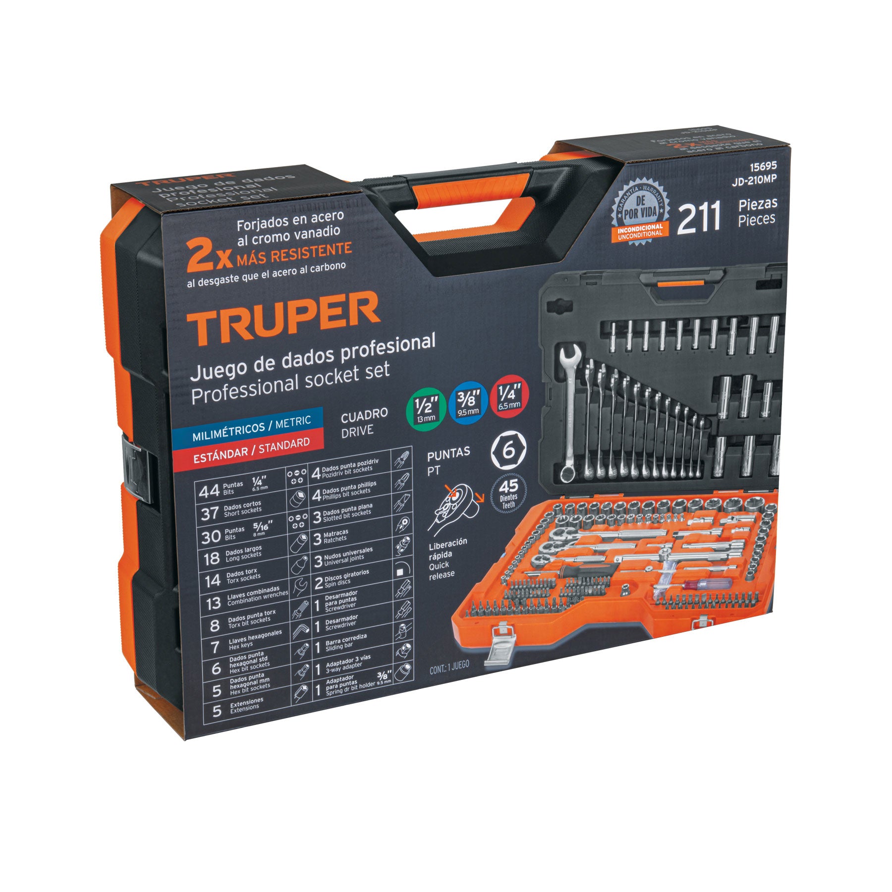Juego autoclé, cuadro 1/4, 3/8 y 1/2", 210 piezas, std y mm