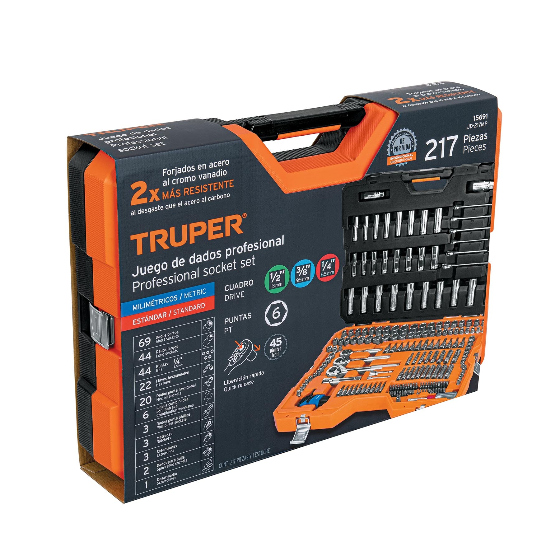 Juego autoclé, cuadro 1/4, 3/8 y 1/2", 217 piezas, std y mm