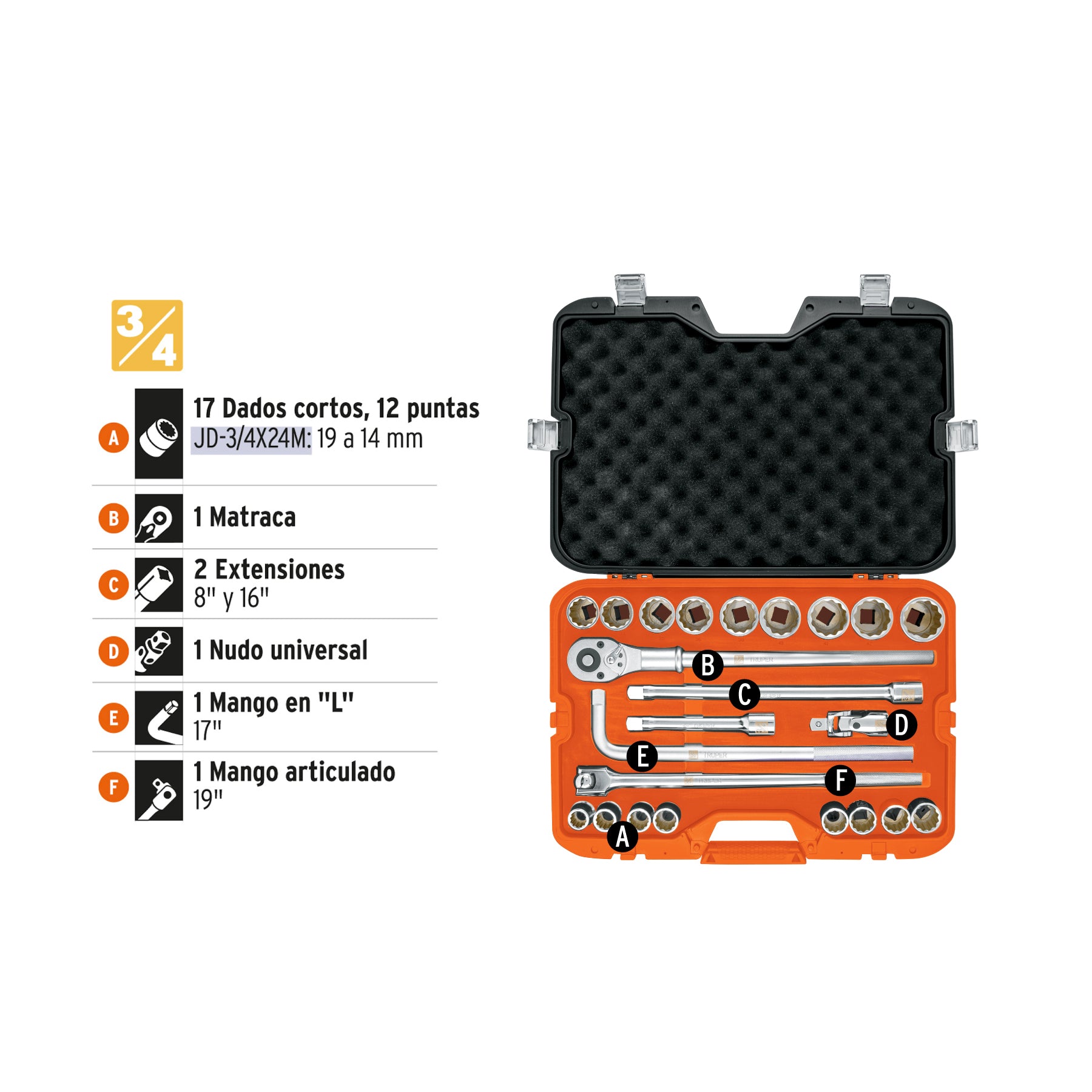 Juego de autoclé, cuadro 3/4", 23 piezas, milimétricos
