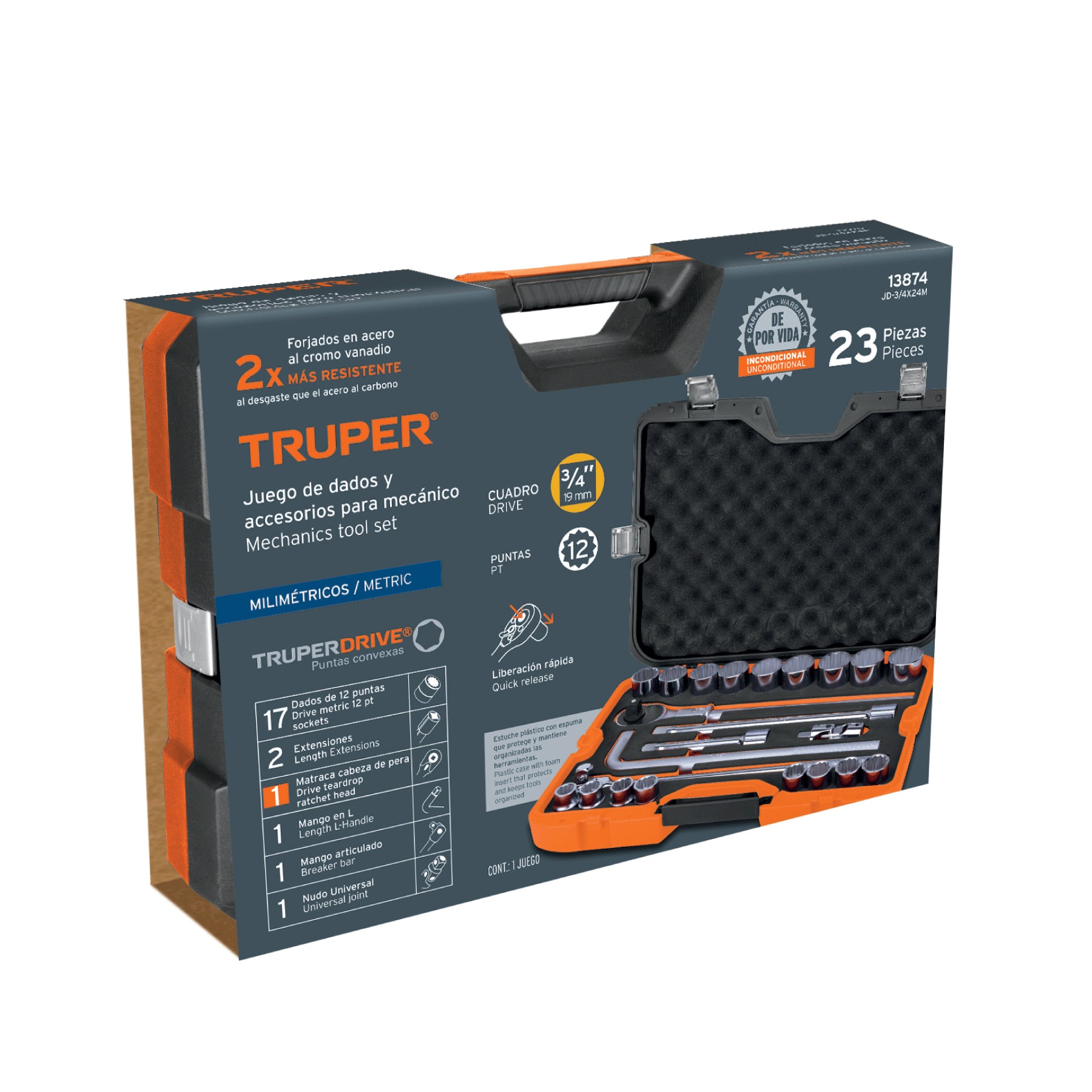Juego de autoclé, cuadro 3/4", 23 piezas, milimétricos