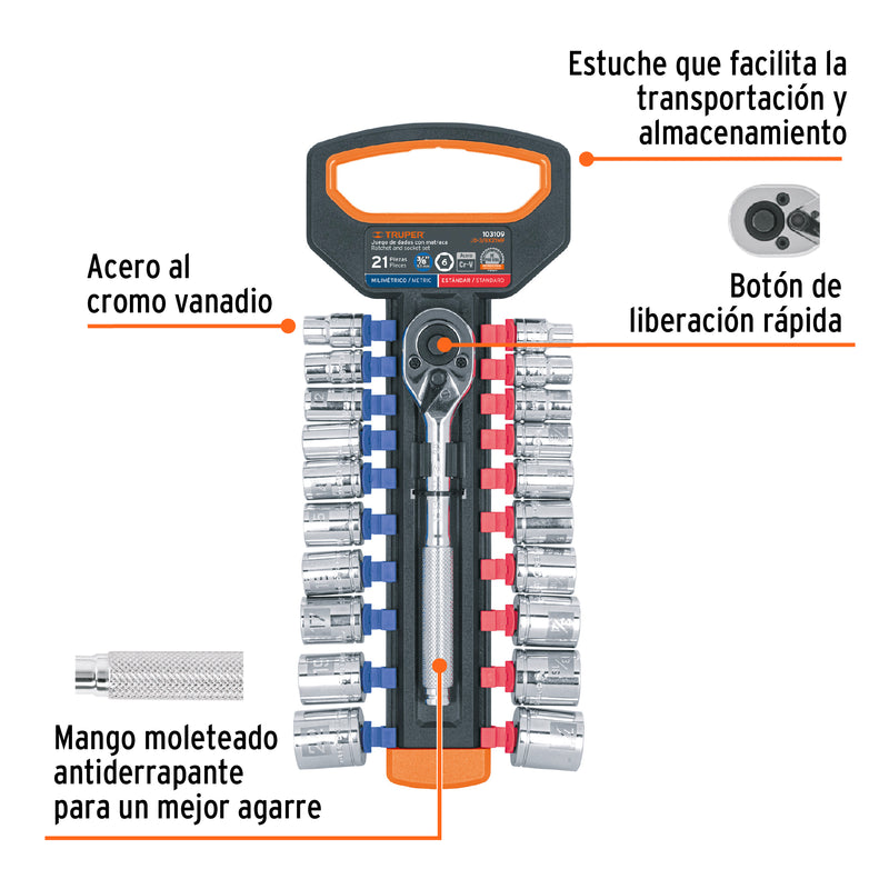 Juego de dados mm y std con matraca, cuadro 3/8', Truper
