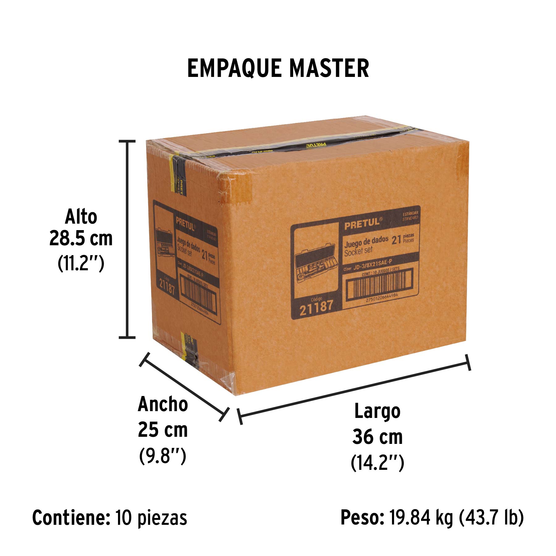 Juego de dados, cuadro 3/8", 21 pzas, standard, pretul
