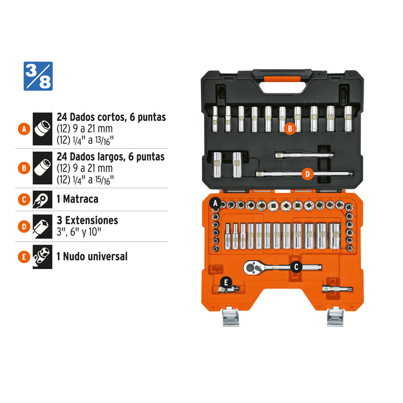 Juego de autoclé cuadro 3/8", 53 piezas, std y mm
