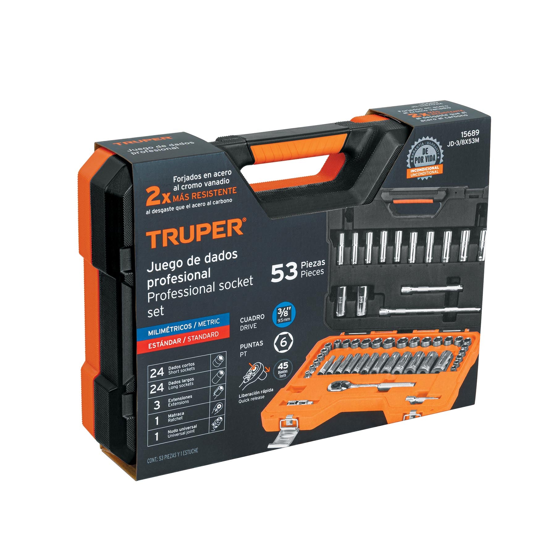 Juego de autoclé cuadro 3/8", 53 piezas, std y mm