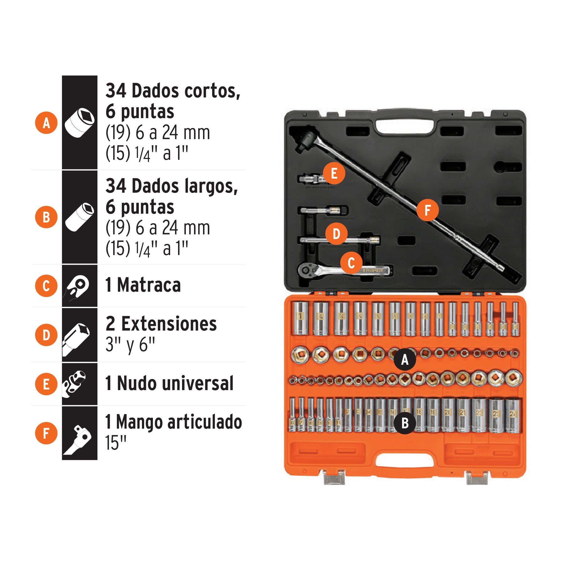 Juego de 73 herramientas cuadro 3/8' std y mm para mecánico