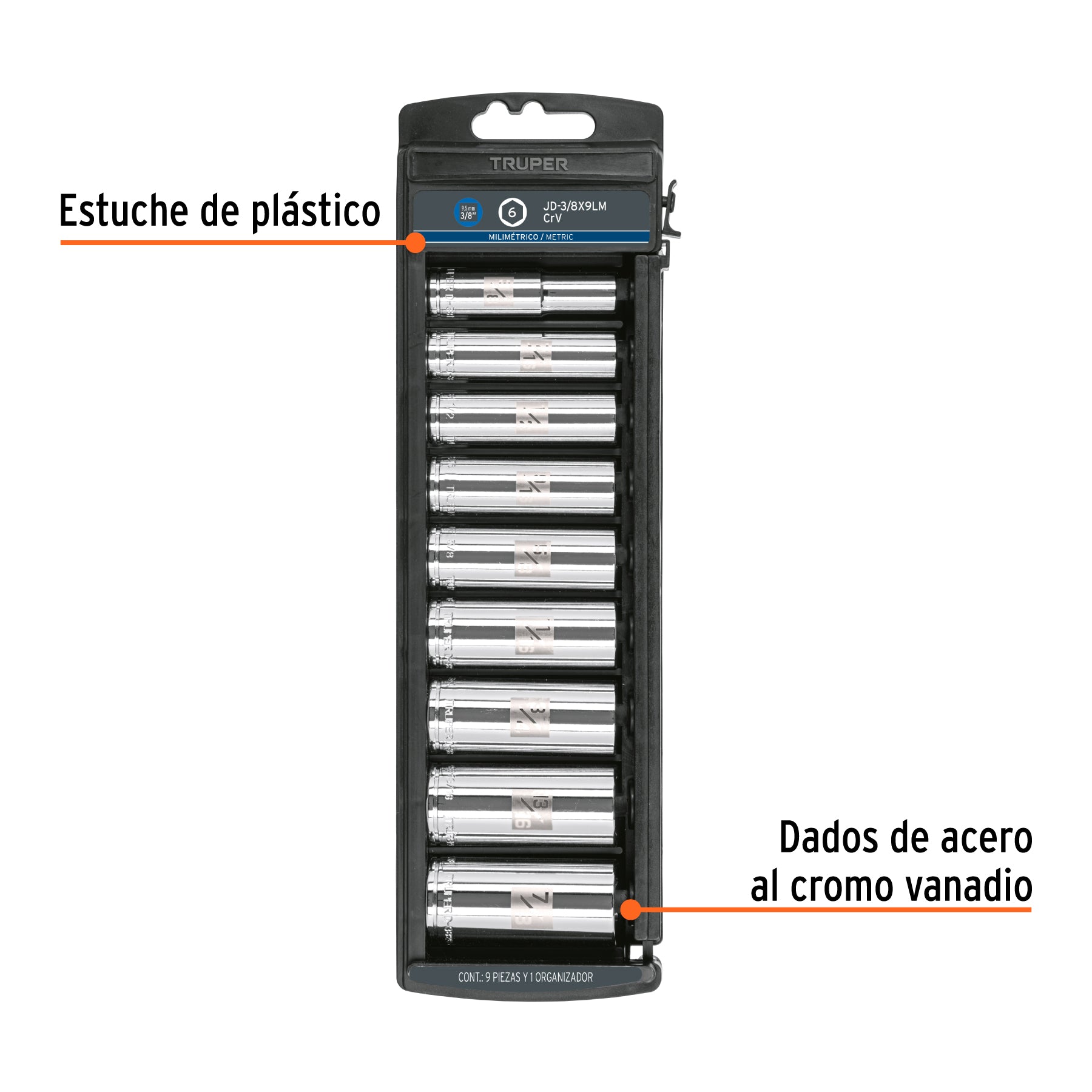 Juego de dados largos, cuadro 3/8", 9 piezas, milimétricos