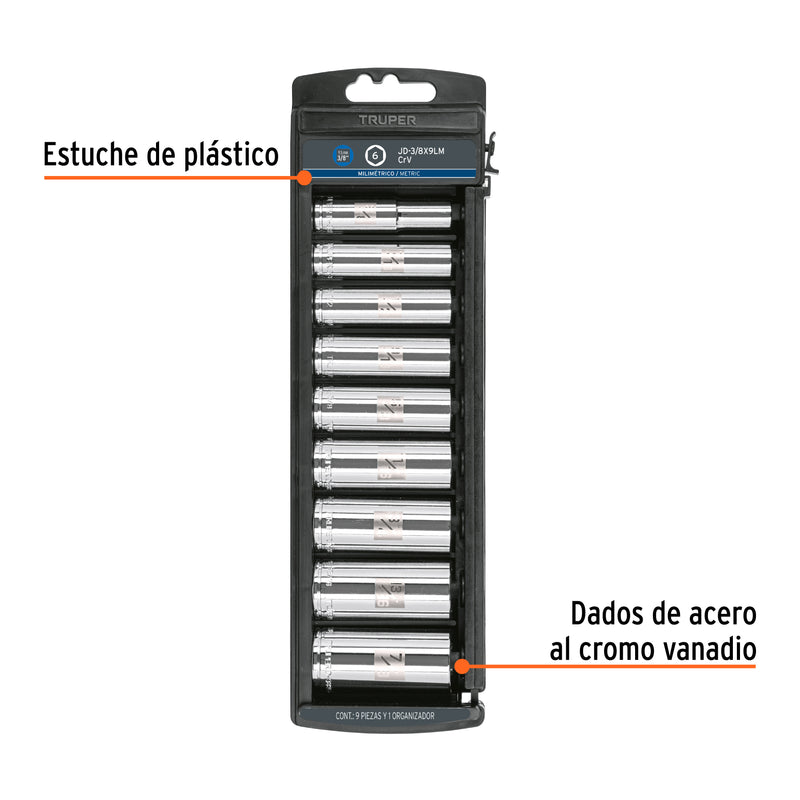 Juego de dados largos, cuadro 3/8", 9 piezas, milimétricos