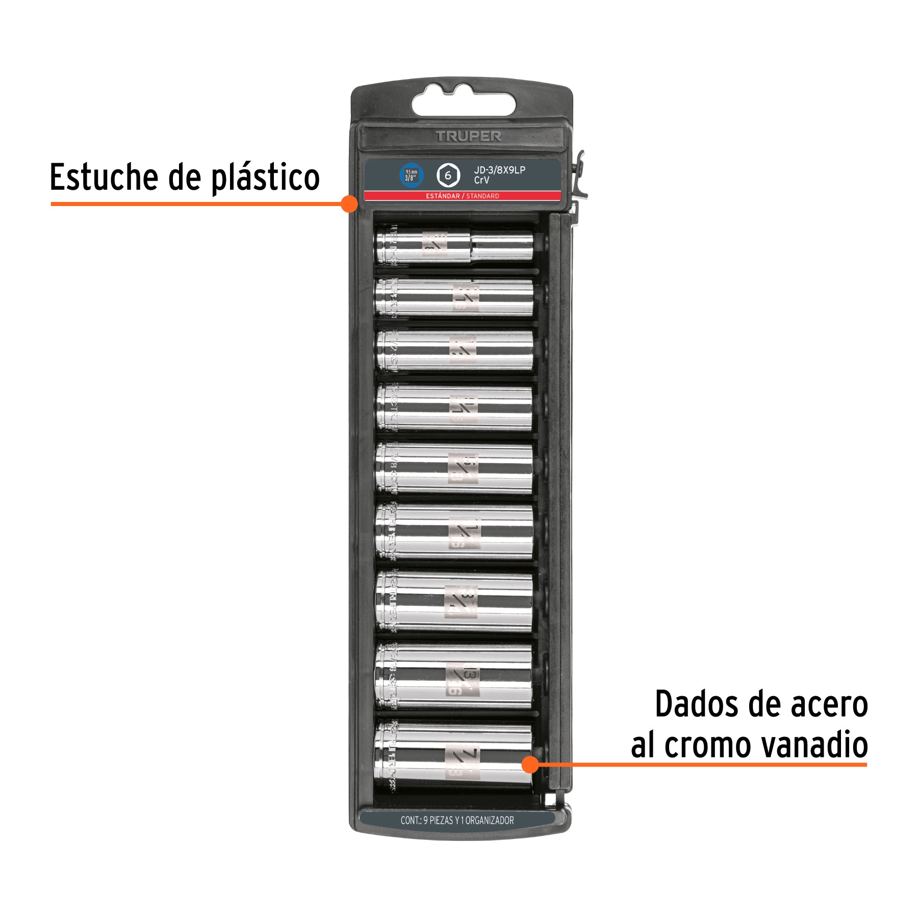 Juego de dados largos, cuadro 3/8", 9 piezas