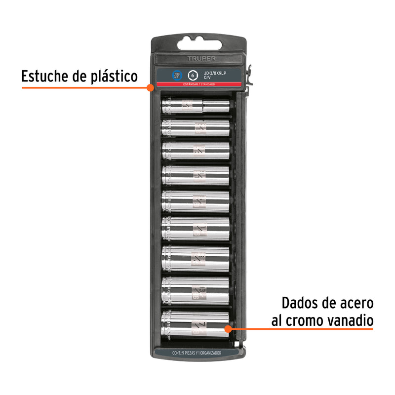 Juego de dados largos, cuadro 3/8", 9 piezas