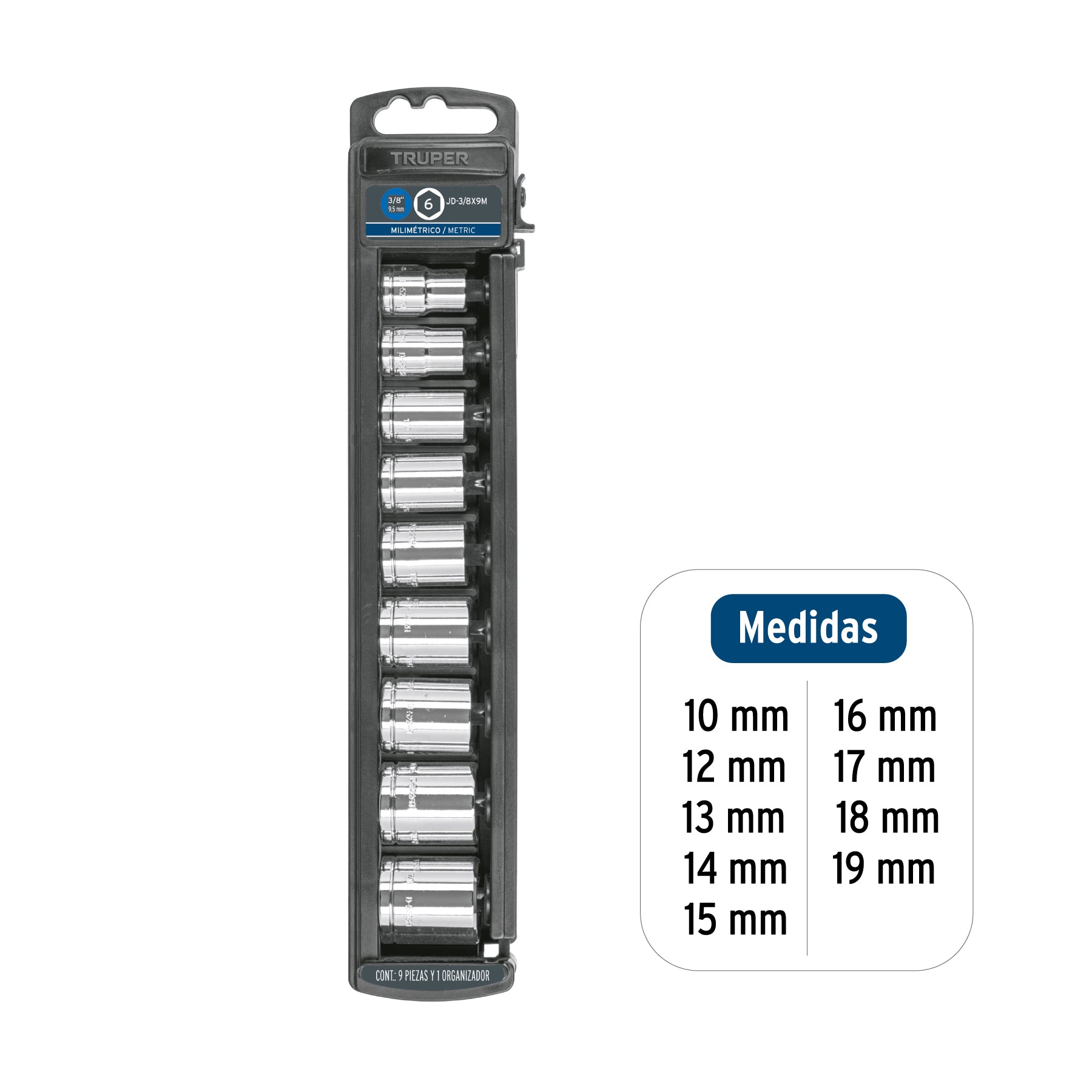 Juego de dados, cuadro 3/8", 9 piezas, milimétricos
