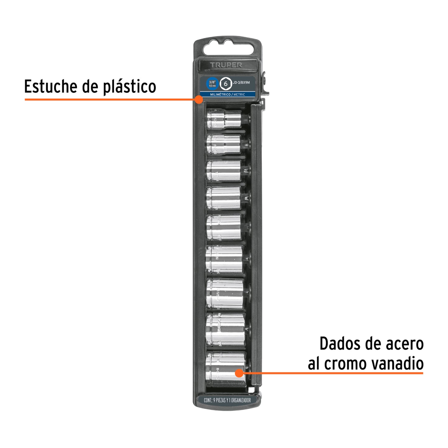 Juego de dados, cuadro 3/8", 9 piezas, milimétricos