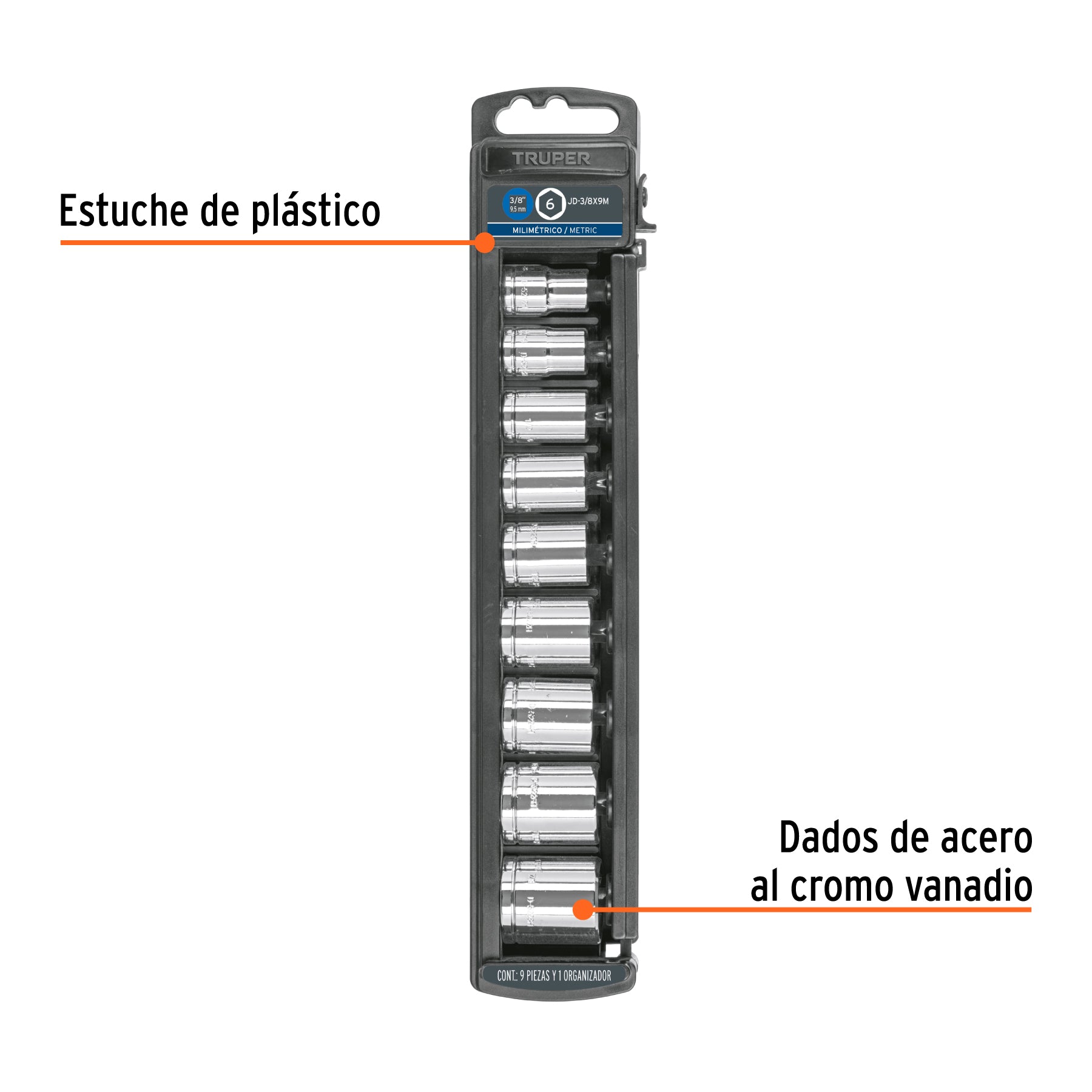 Juego de dados, cuadro 3/8", 9 piezas, milimétricos