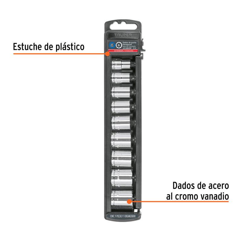 Juego de dados, cuadro 3/8", 9 piezas