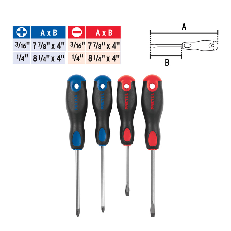 Juego de desarmadores, 4 piezas, mango comfort grip, pretul