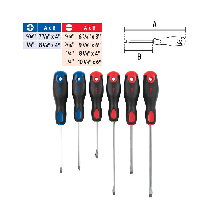 Juego de desarmadores, 6 piezas, mango comfort grip, pretul