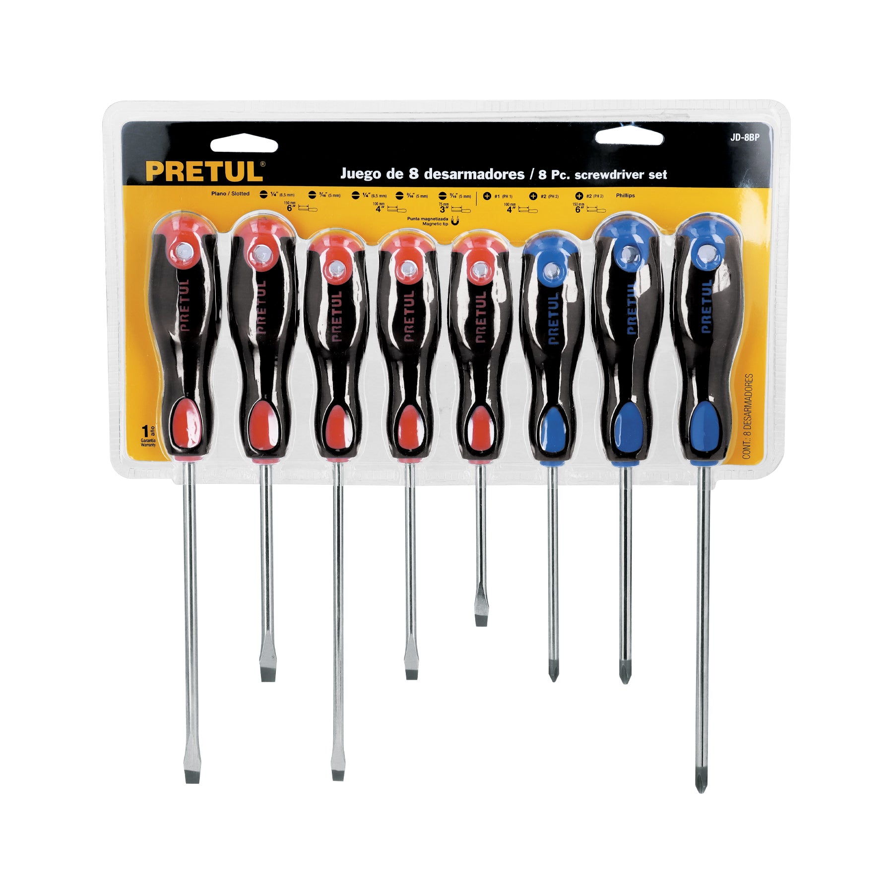 Juego de desarmadores, 8 piezas, mango comfort grip, pretul
