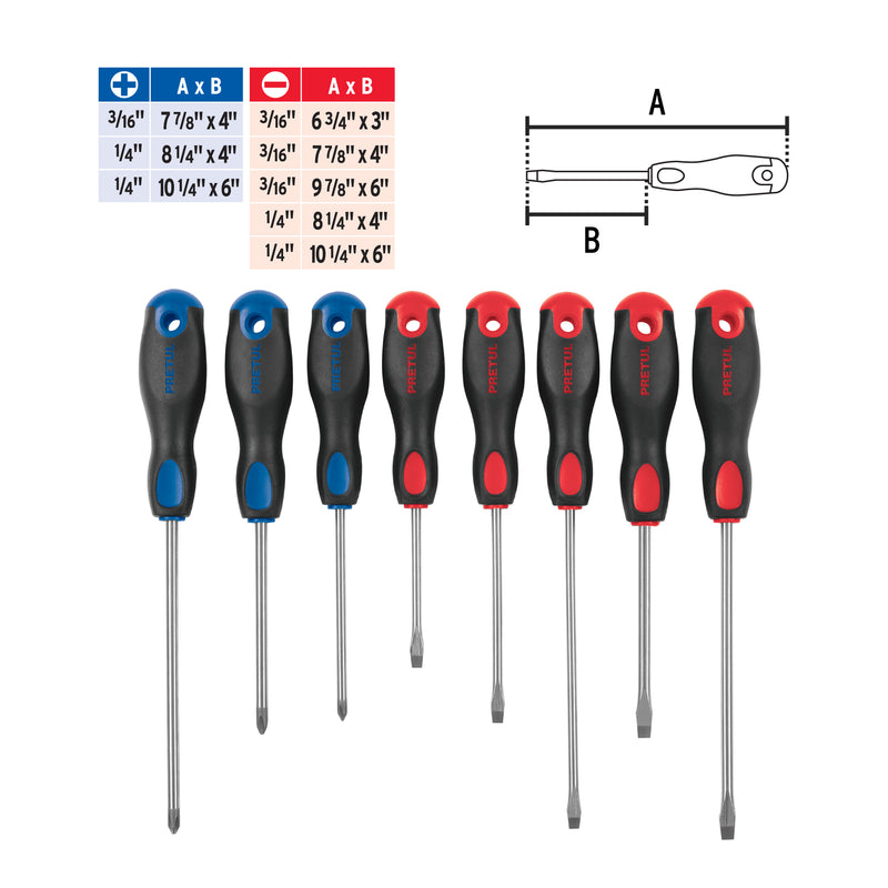 Juego de desarmadores, 8 piezas, mango comfort grip, pretul
