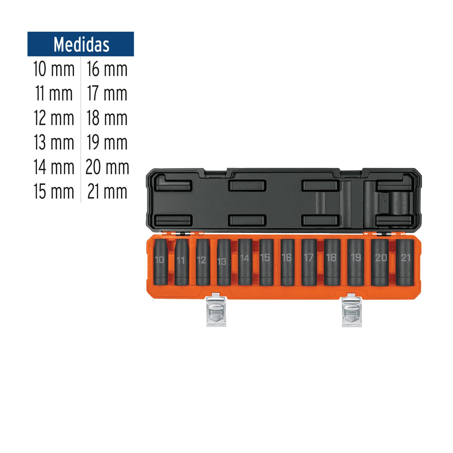 Juego 12 dados largos 1/2' impacto protección plástica 6p mm