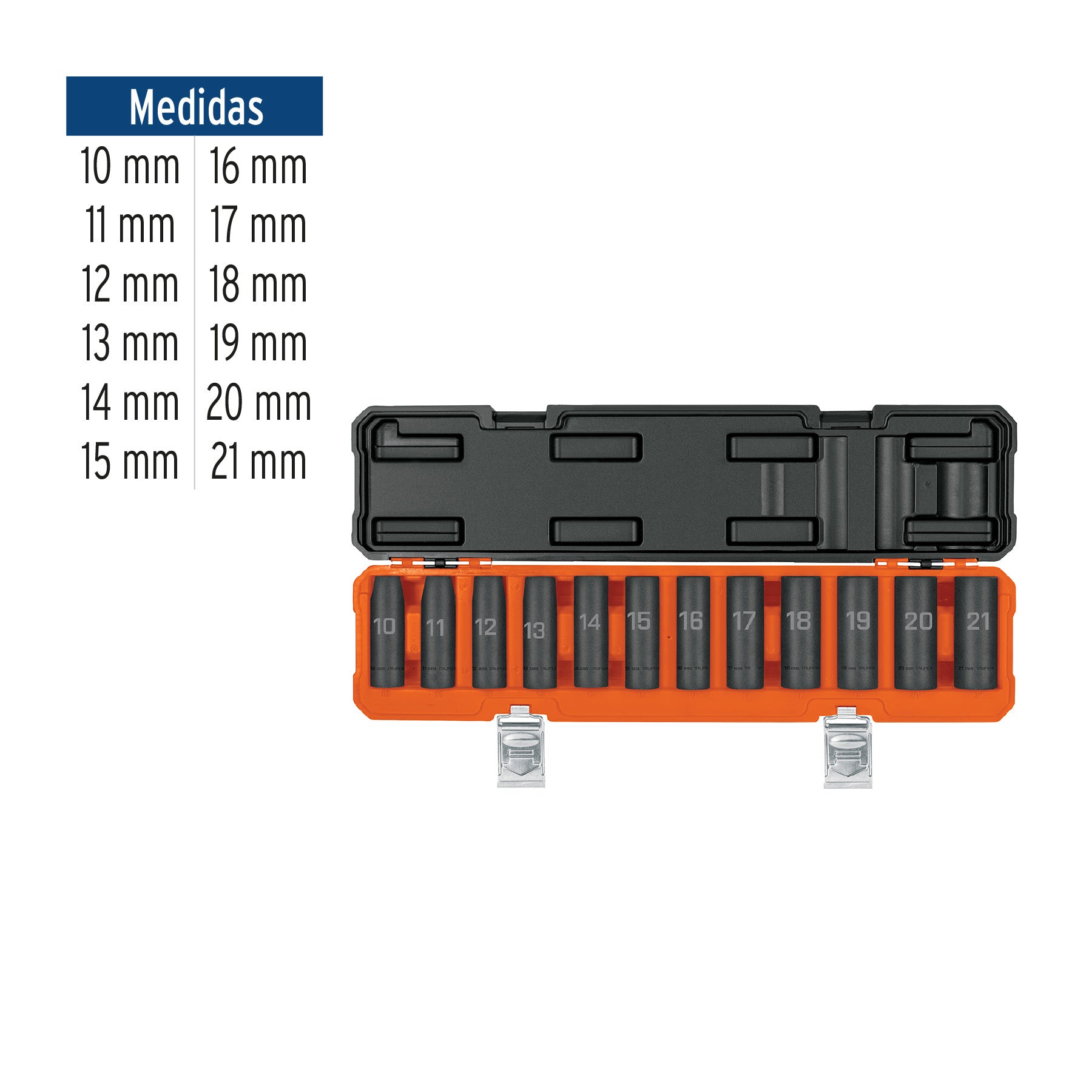 Juego 12 dados largos 1/2' impacto protección plástica 6p mm