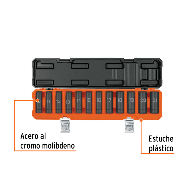 Juego 12 dados largos 1/2' impacto protección plástica 6p mm