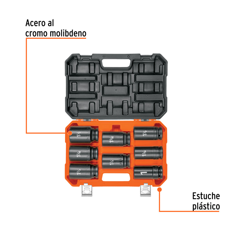 Juego de 8 dados largos cuadro 3/4' de impacto 6 puntas std