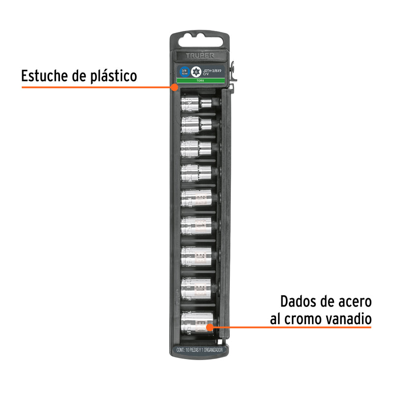 Juego dados, punta torx, 3/8", 9 piezas