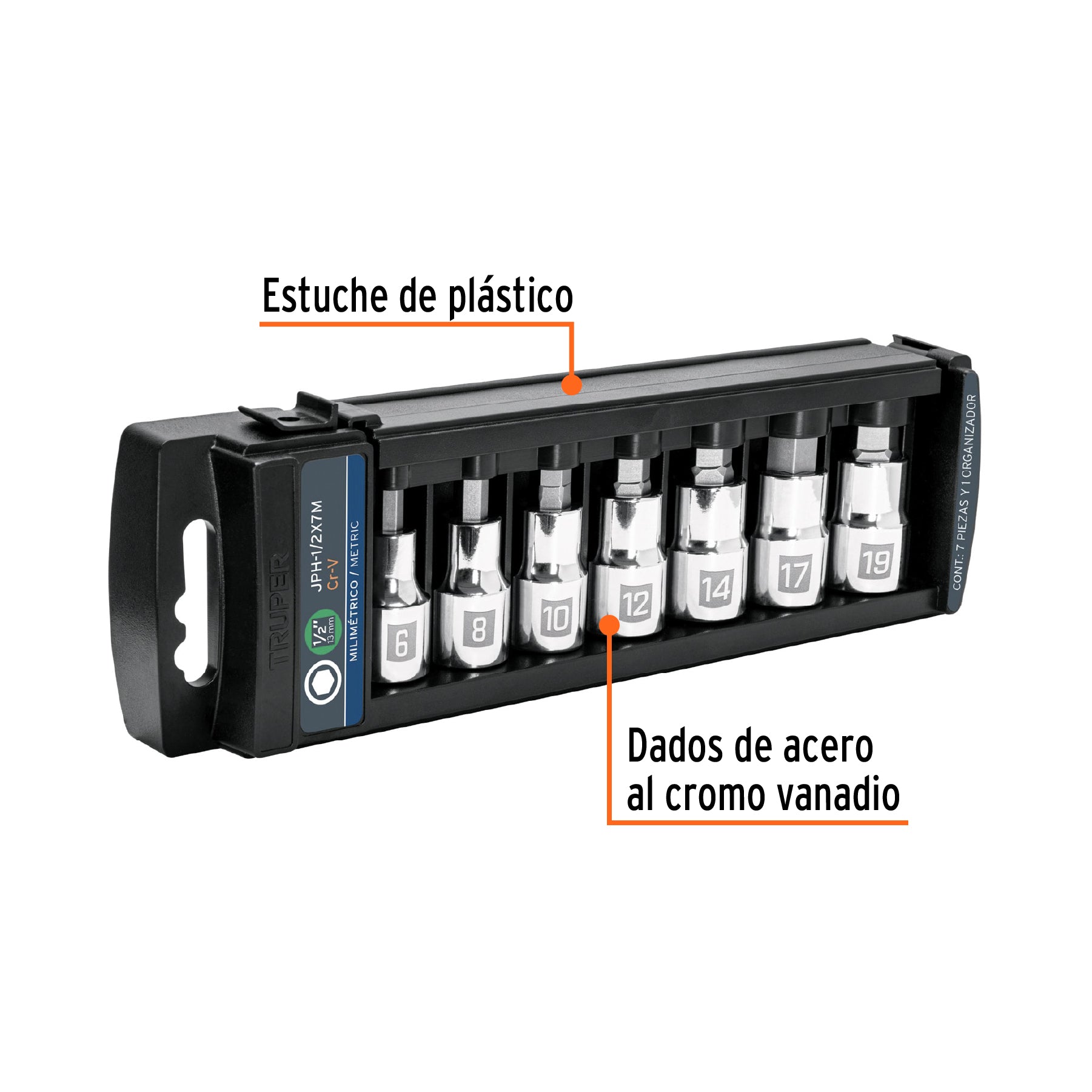 Juego de 7 dados cuadro 1/2' punta hexagonal mm, Truper