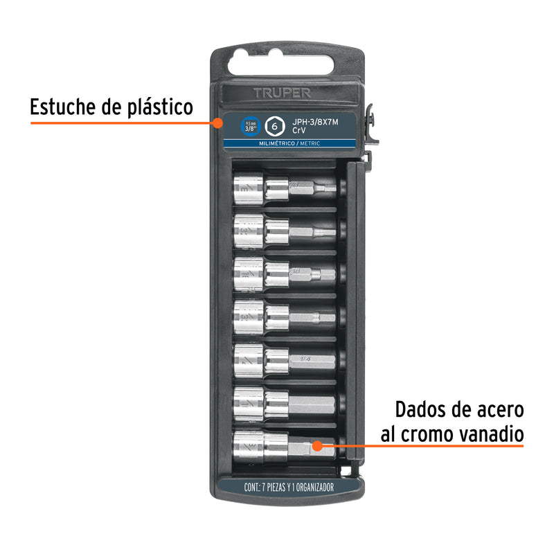 Juego de dados, punta hexagonal, cuadro 3/8", 7 piezas, mm