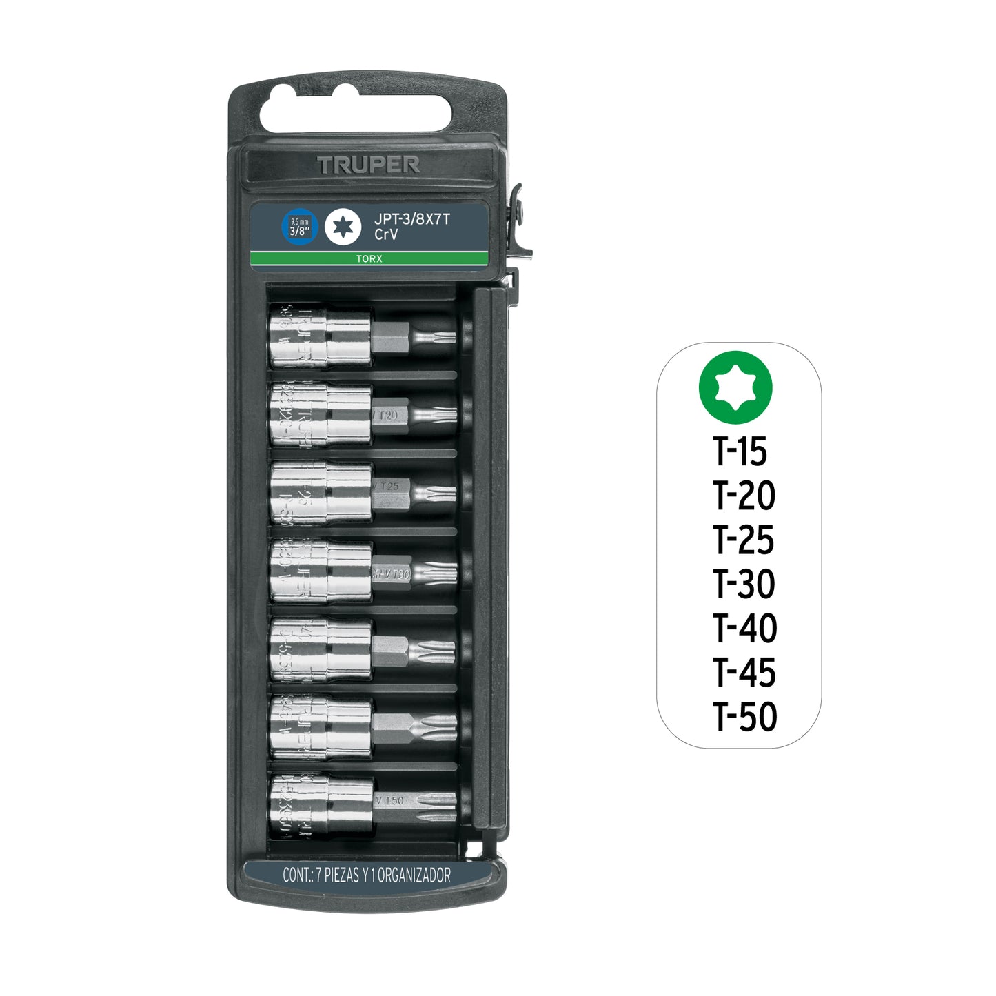 Juego de dados, punta torx, cuadro 3/8", 7 piezas