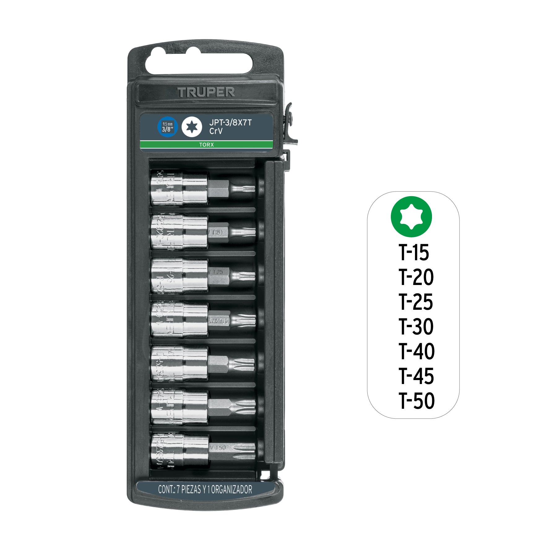 Juego de dados, punta torx, cuadro 3/8", 7 piezas