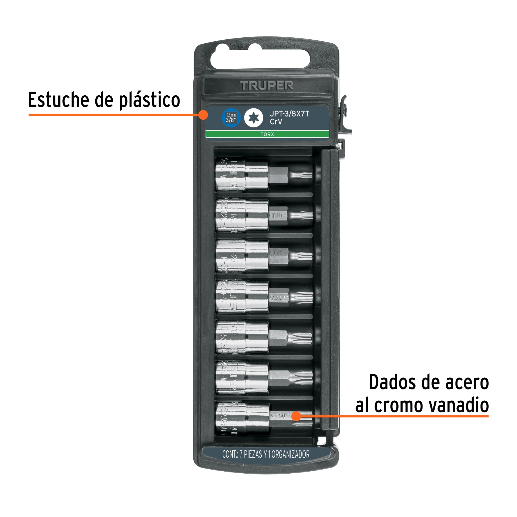 Juego de dados, punta torx, cuadro 3/8", 7 piezas