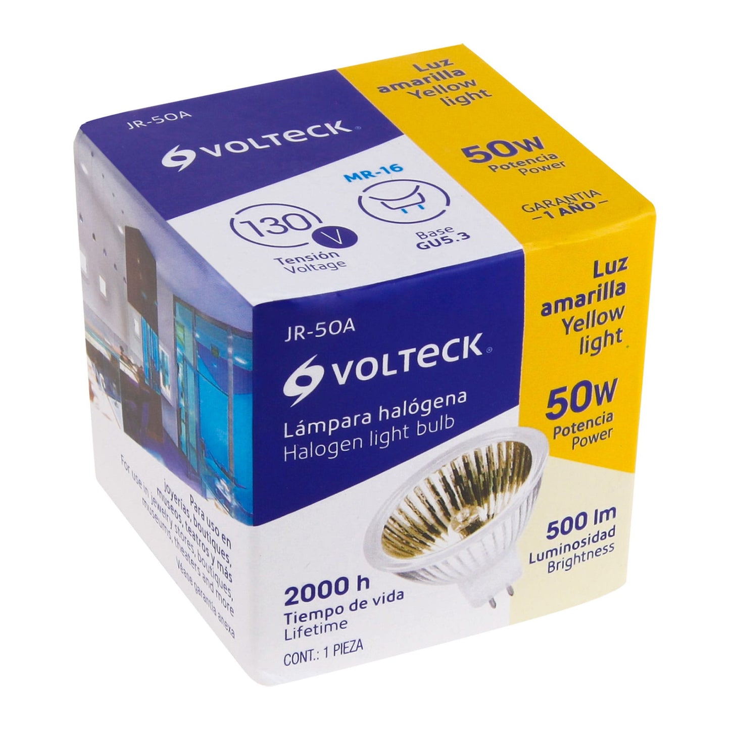 Foco de halógeno tipo JR, 50 w, amarillo, Volteck