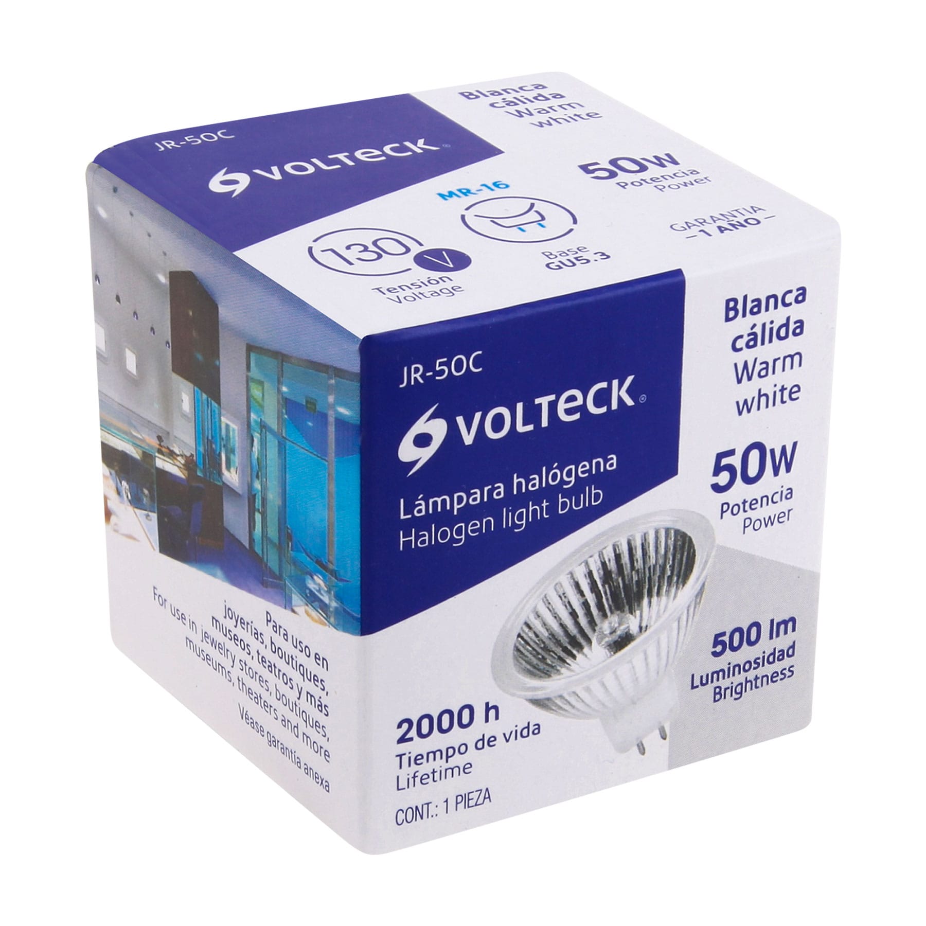 Foco de halógeno tipo JR, 50 w, transparente, Volteck