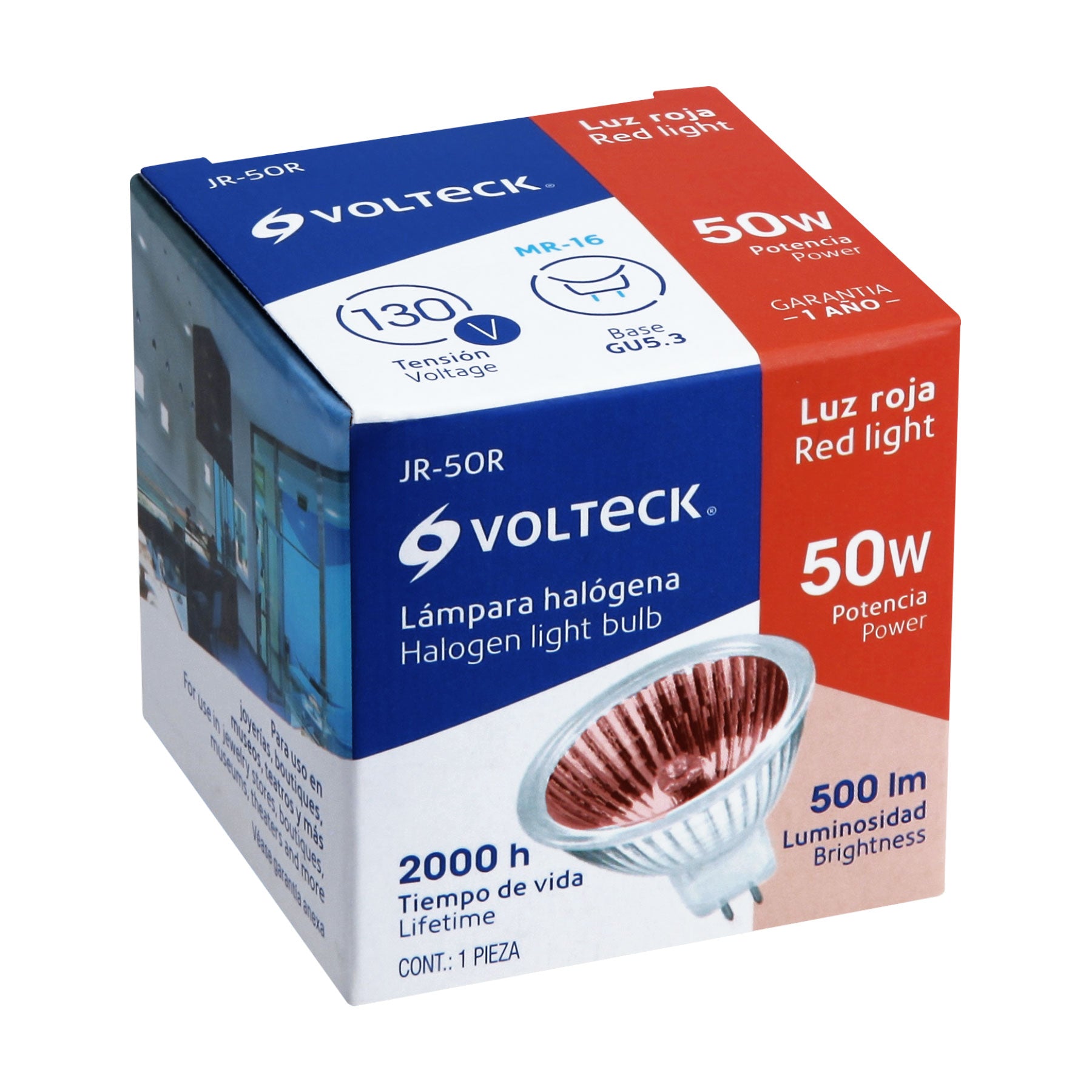 Foco de halógeno tipo JR, 50 w, rojo, Volteck